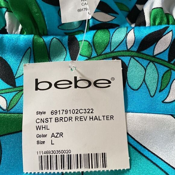 Bebe Jungle Print Neck Tie Halter Top size L NWT 95% silk 5% Spandex - Picture 3 of 11